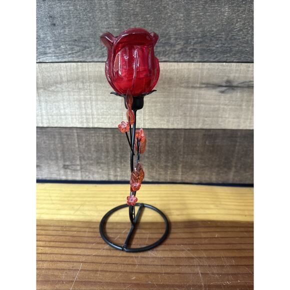 Red Glass Flower Tealight Candle Holder 9” Tall - Picture 2 of 5
